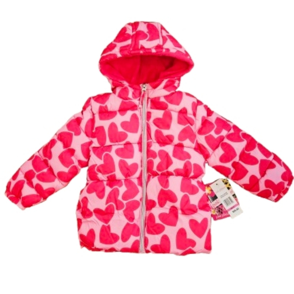 Pink Platinum Girls 3T Heart Print Puffer Jacket Hooded Winter Coat NWT